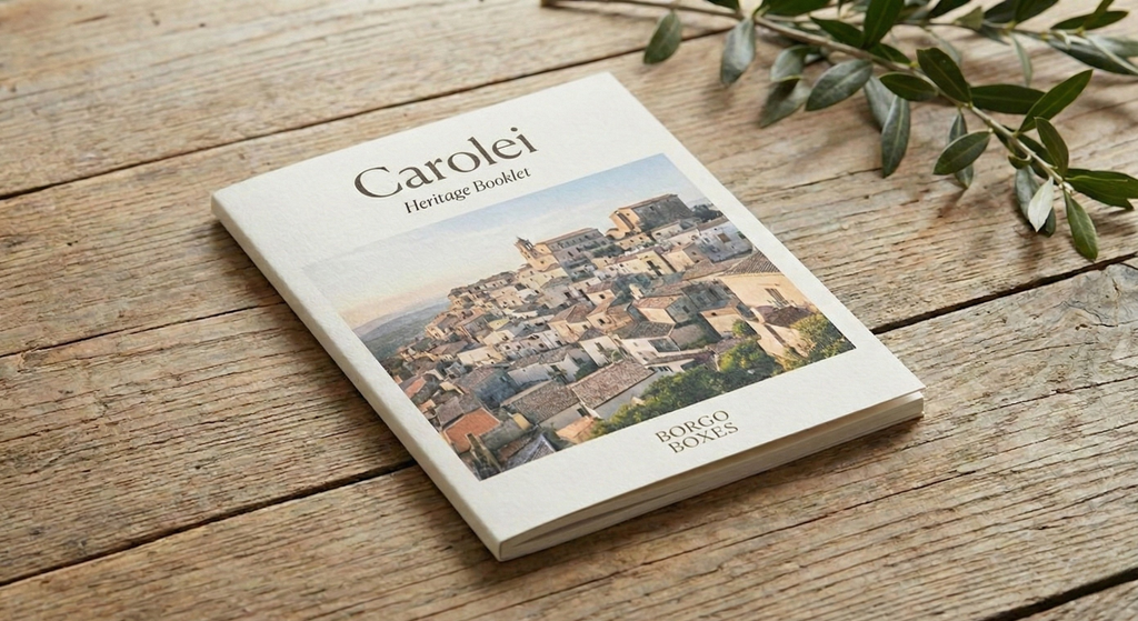 Handmade heritage booklet close up showing Carolei, Calabria Heritage Booklet, part of italian gift baskets.