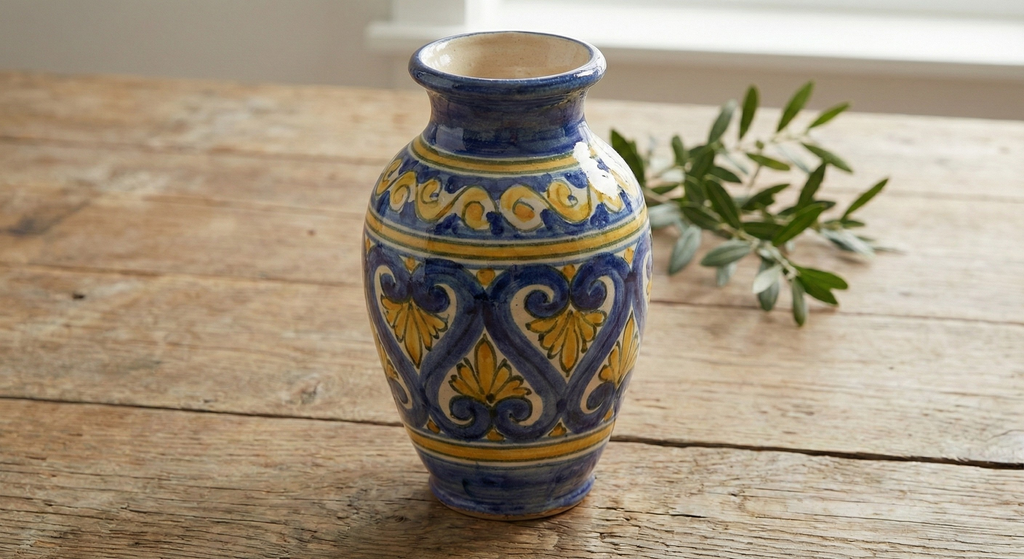 Handmade gift ceramic vase close up on a wooden table that is part of an italian gift basket.