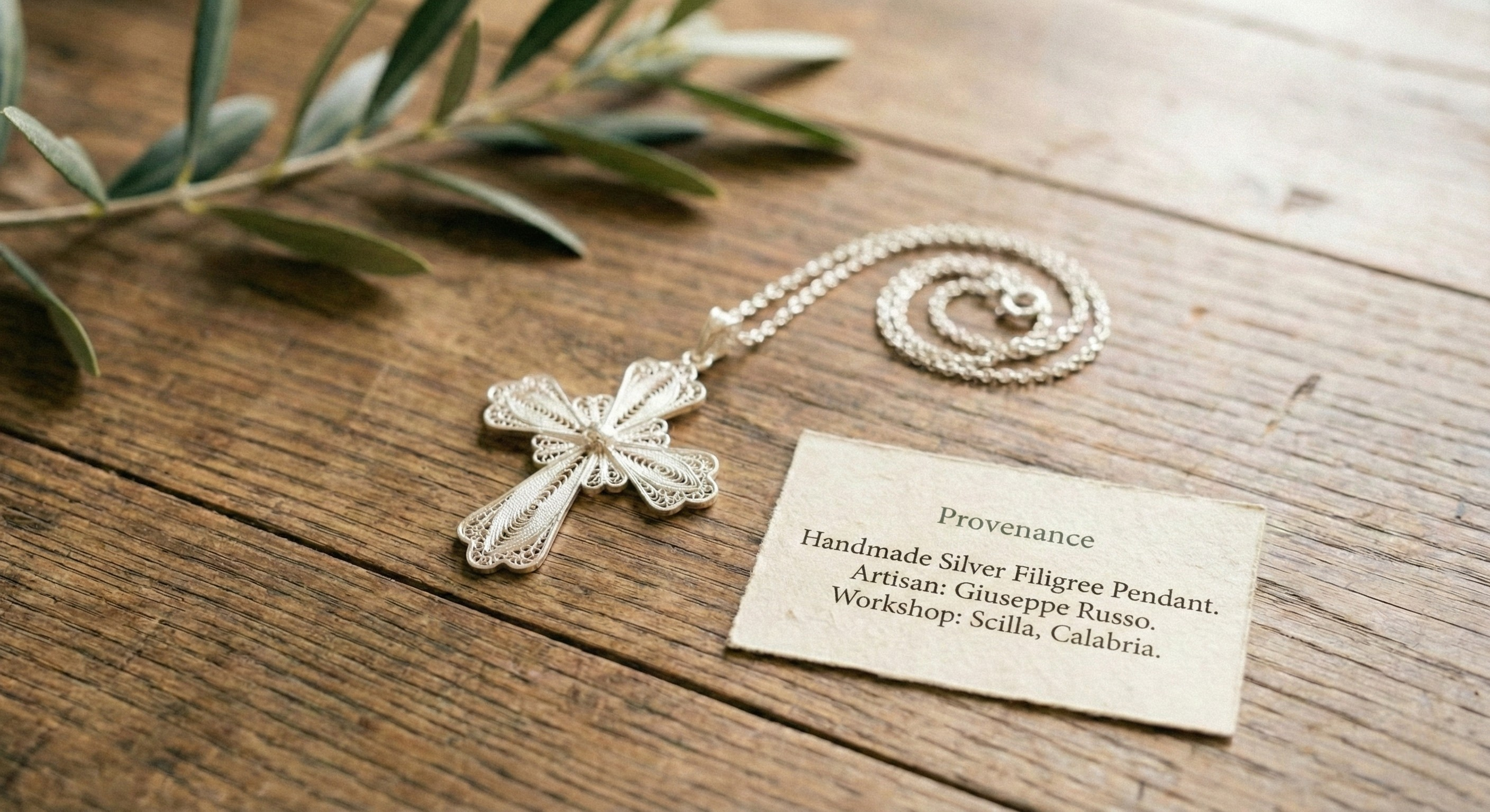 Handmade Silver filigree cross pendant on a wooden surface with an olive branch is a piece of an italian gift basket