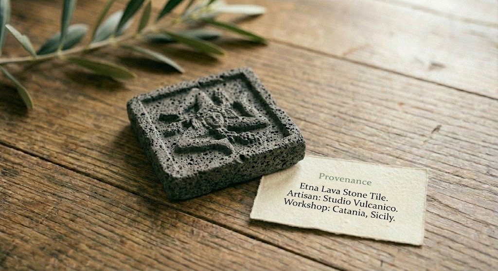 Decorative handmade lava stone tile with intricate patterns on a wooden surface, accompanied by a card with text from Catania, Sicily as part of italian gift baskets