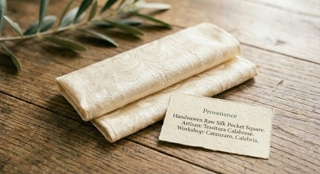 Handmade Handwoven raw silk pocket square on a wooden surface with a label made in Catanzaro, Calabria. 