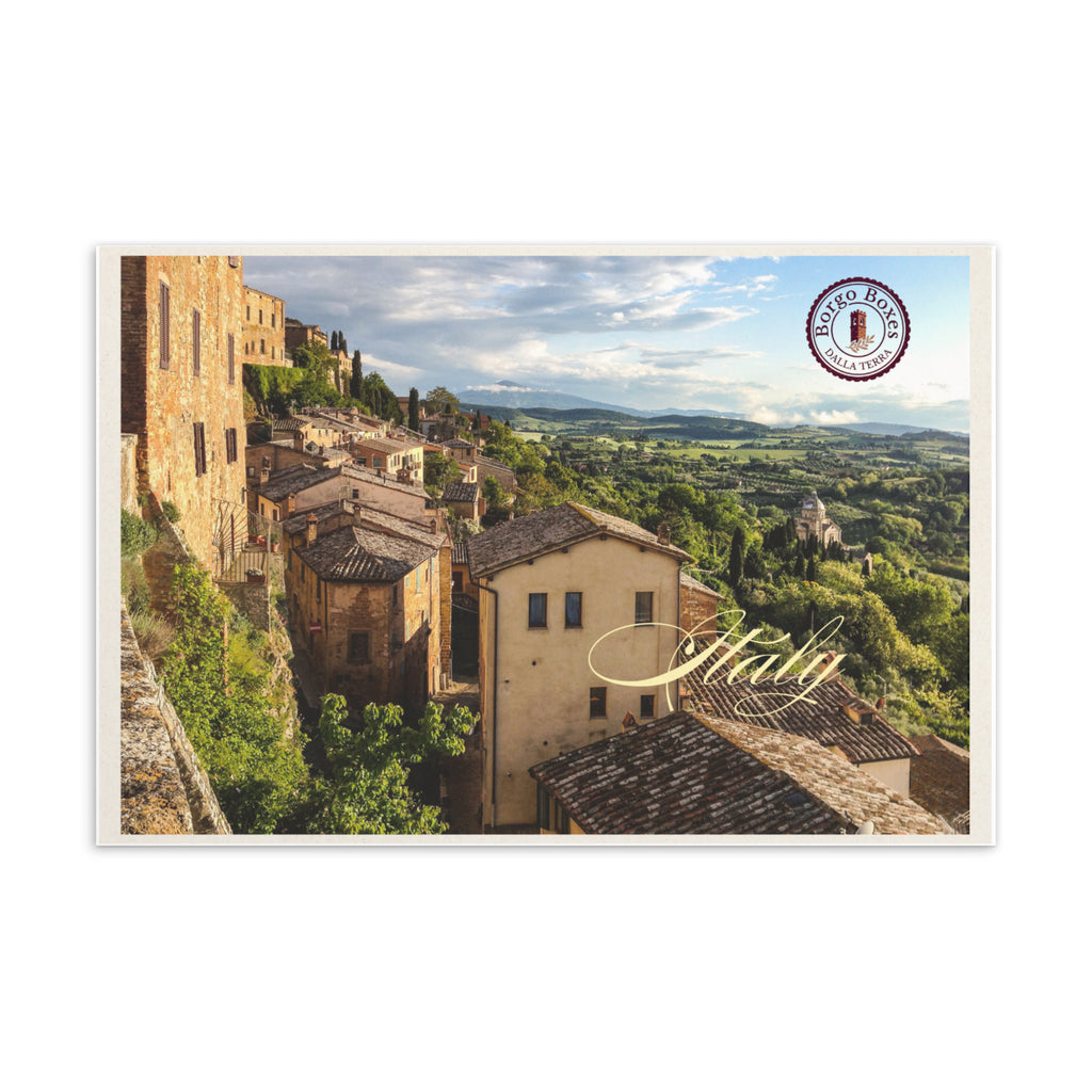 Postcard from southern Italy with the logo of Borgo Boxes, which makes Italian gift baskets. 